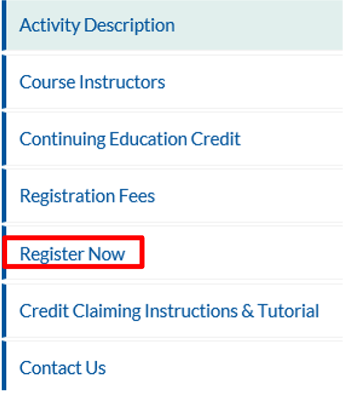 Screenshot of left navigation bar with Register Now option highlighted